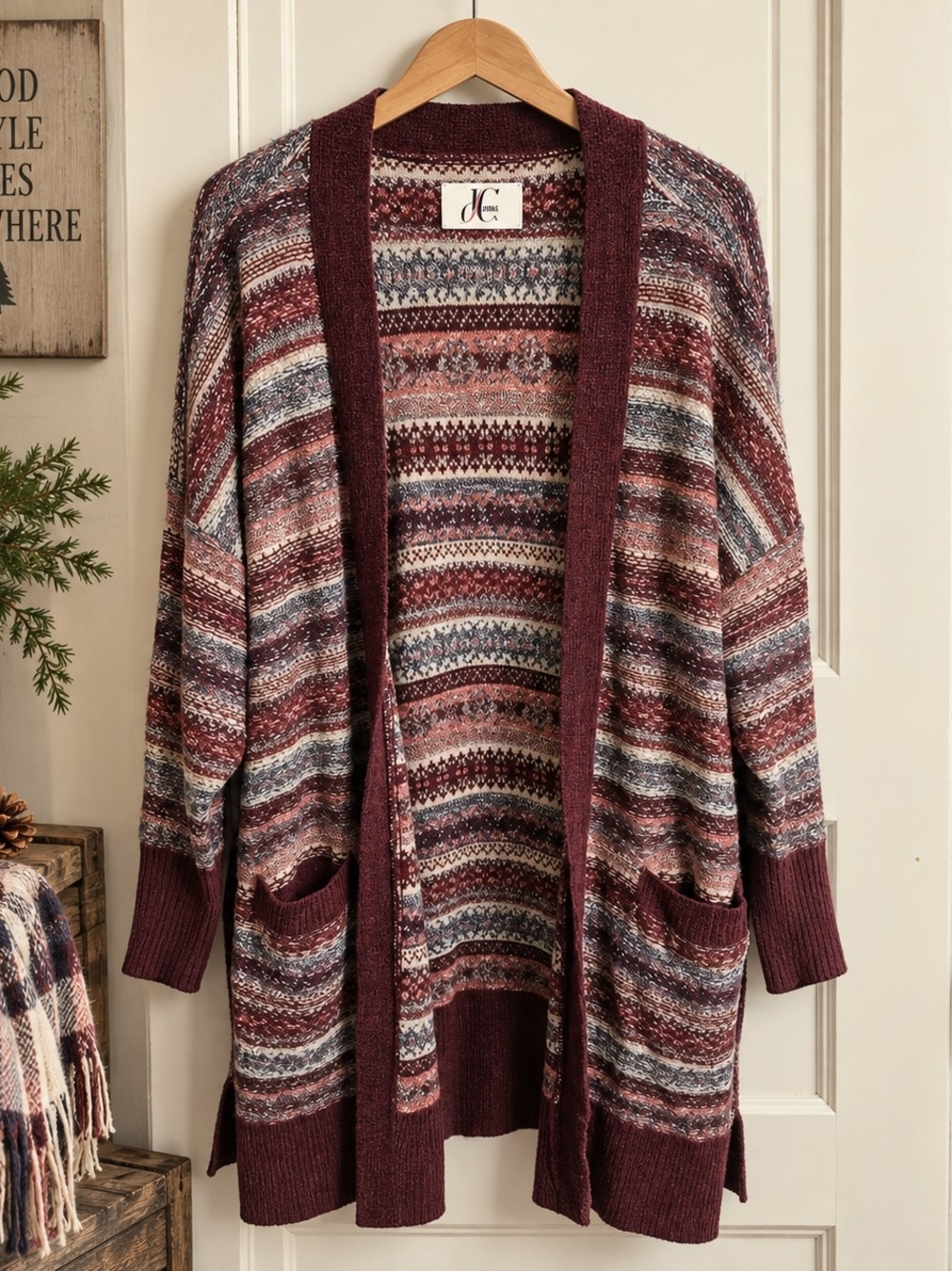 DC Jeans 2X Fair Isle Long Open Front Cardigan Burgundy Boho Plus Size